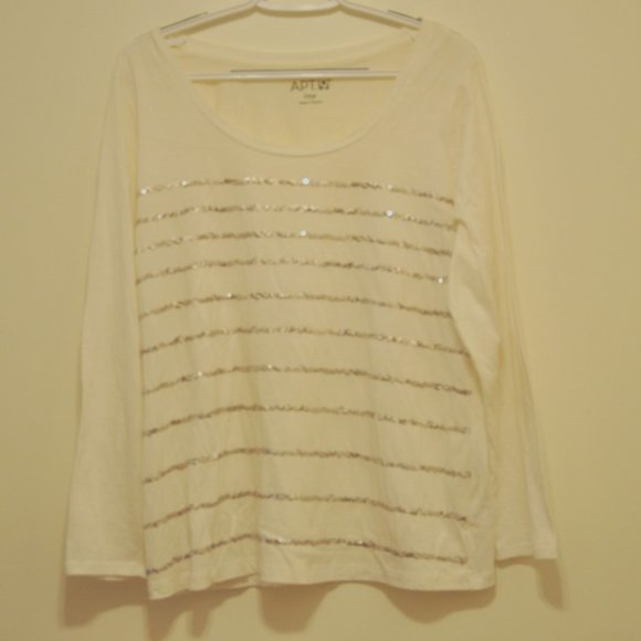 Apt 9 Womens White Top With Silver Sequins Lines Long Sleeve Size Large - Picture 1 of 9